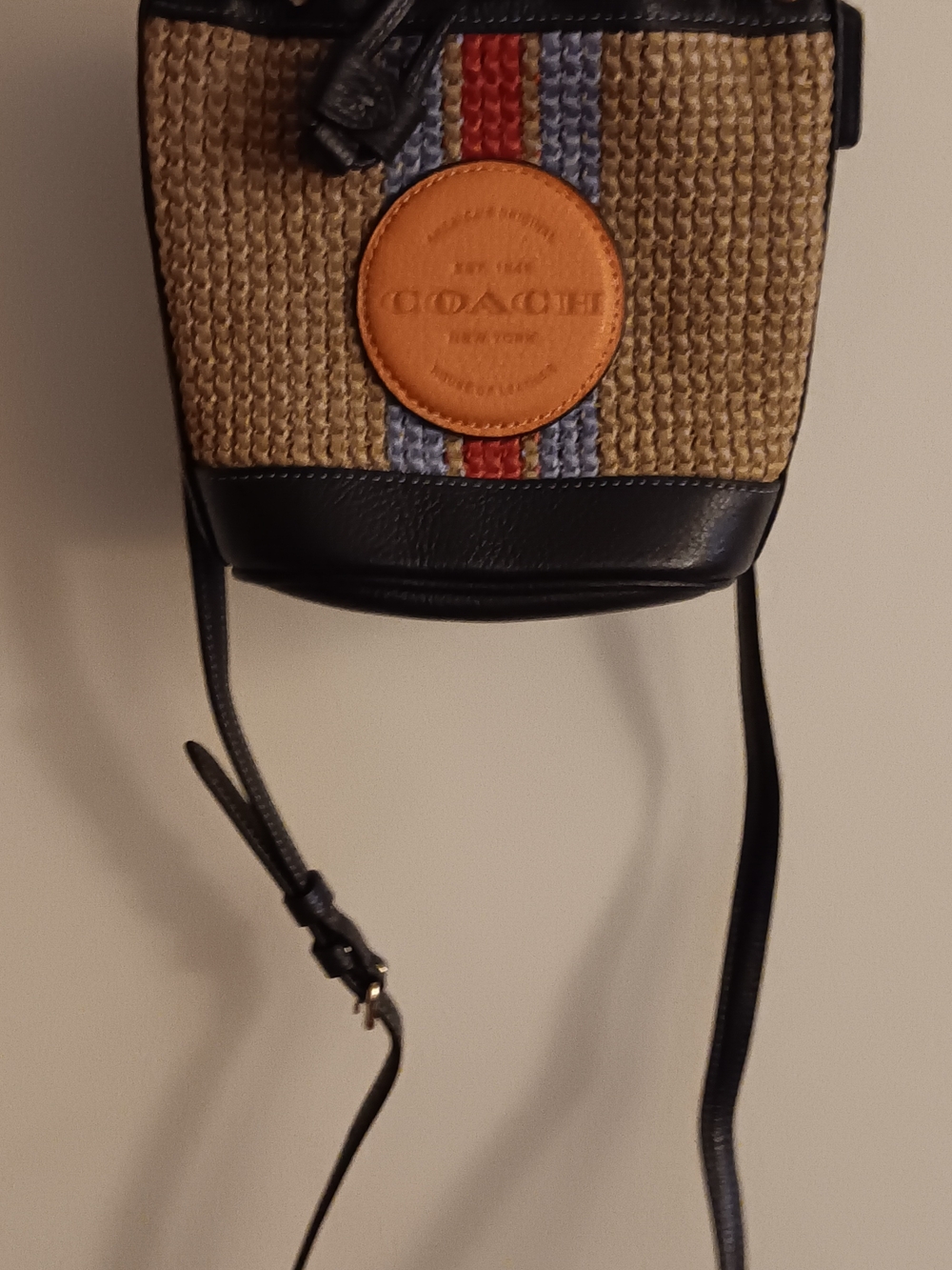 Coach Straw Bucket Crossbody with Black Trim and Red & Blue Stripes - Picture 2 of 3